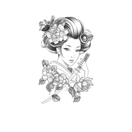 kobench Temporary Tattoos,Japanese Woman With A Knife Flowers - K148 Design,Waterproof,Easy-to-Apply,Long Lasting 1-2 Weeks, Plant-Based,Women Tattoos