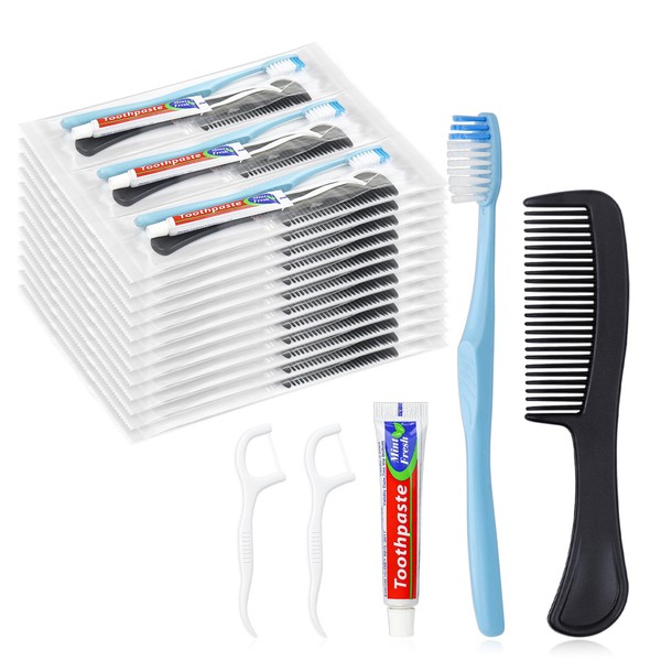 20 Sets Disposable Toothbrushes with Toothpaste Floss Comb Individually Wrapped,