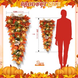 Hotop 2 Pcs 36 Inch Artificial Fall Harvest Teardrop Swag Thanksgiving Teardrop Wreath with Pumpkin Berries Maple Leaves LED Lights Fall Teardrop Wreath for Holiday Wall Fireplace Hanging Door Decor