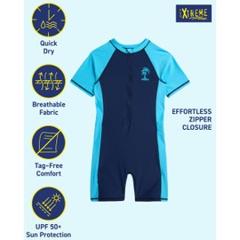 iXtreme Boys One Piece Rash Guard Swimsuit Kid Water Sport Short Swimsuit UPF 50+ Sun Protection Bathing Suits (4-13), Size 4-6, NavyBlue Fish