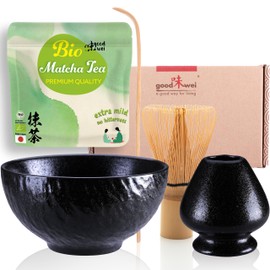Goodwei Complete Matcha Set - Ceremonial Cup with Whisk and Spoon - Includes Organic Japanese Matcha Tea (Rokku Kuro)