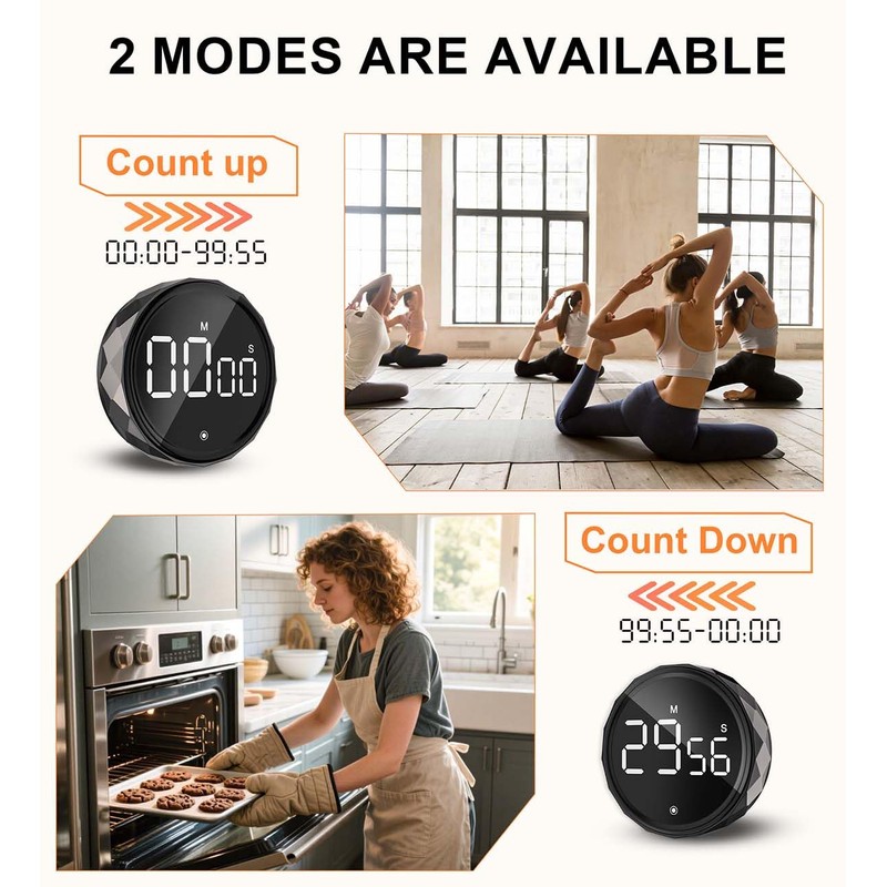 Round Digital Kitchen Timer, Magnetic Countdown Countup Timer with Large