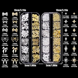 Gold Silver Star Bows Nail Charms, 2 Boxes Metal Nail Art Decoration, Alloy Glitter Stones Nail Gemstones Decoration for Nail Design Accessories (Gold + Silver B)