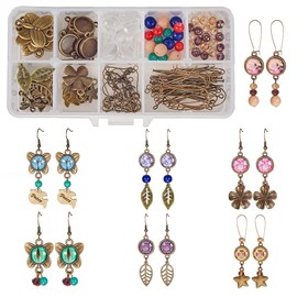 SUNNYCLUE 1 Box DIY 10 Paare 12mm Glaskuppel Cabochon Ohrringe Machen Starter-Kits Foto Schmuckzubehör Handwerk Ohrring Draht Haken,Fassungen für Cabochon,Charm-Perlen,Antik Bronze