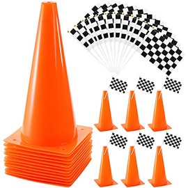 Bekith 12 Pack 12 Inch Plastic Traffic Cones with Racing Chequered Flags, Orange Agility Sports Cones, Thick Soccer Training Cones for Outdoor Activity, Festive Events, Fitness Training