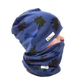 FUYAO Baby Kids Cotton Hat and Tube Scarf Set Children Toddler Spring Autumn Winter Warm Beanie Cap Scarves for Boys and Girls (Dinosaur Navy Blue, 6-24 Months)