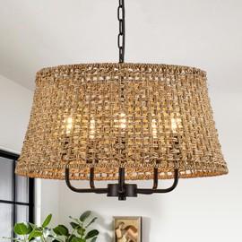 YOMECOO Hand-Woven Rattan Chandelier Vintage Farmhouse Boho Bamboo Chandeliers Light Fixture Retro Drum Wicker Rattan Black Chandelier for Dining Room, Kitchen, Living Room