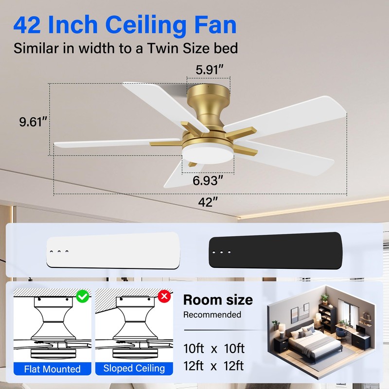 42 Inch Ceiling Fans with lights,RGB Low Profile Ceiling Fan