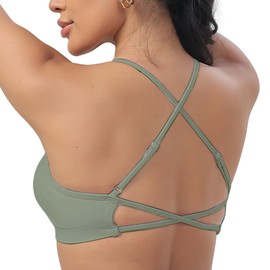 ViKiUiKi Women's Sports Bras Adjustable Cross Sports Bra Removable Padding Strappy Athletic Crop Tops for Yoga Gym Running Pea Green