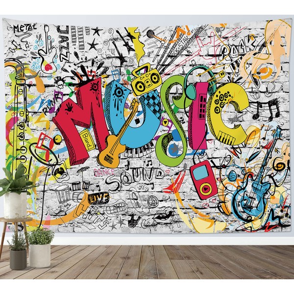 LB Arazzo Musica Arazzo da Parete Graffti sul muro di mattoni grigi Telo da Parete Musicale divertente Arte Muraria per Soggiorno Camera da Letto Dormitorio Decorazione,150x100cm