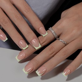 KQueenest Mint Green French Tip Press On Nails Short Square, 30 Pcs Acrylic Press On Nails With Glue, Natural Nude Short Fake Nails Press ons, Reusable Glossy Soft Gel Glue on Nails for Women Summer