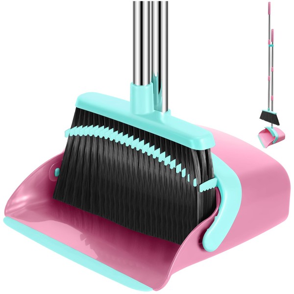 Broom and Dustpan Set, 52-in Long Adjustable Handle Broom Dustpan