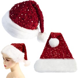 BEKKLPOU Pack of 2 Christmas Hats for Adults and Children, Christmas Hat with Sequins, Plush Velour Santa Hat with Soft Liner, Christmas Tree Topper, Festive Christmas Party