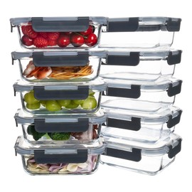 HAKEEMI 10 Pack 22oz Glass Food Storage Containers with Lids, Meal Prep Containers, Airtight Leakproof Lunch Containers for Kitchen, Freezer, Microwave, Dishwasher Safe (Grey)