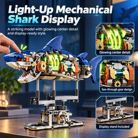 Mechanical Shark Building Set for Creative Play – 687-Piece Light-Up Moving Model with Gear-Driven Display Base