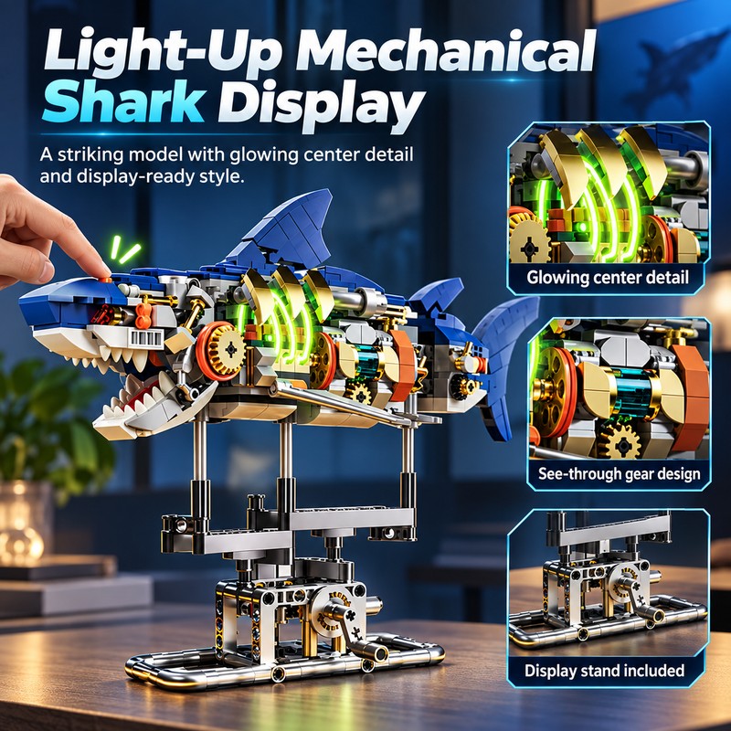 Mechanical Shark Building Set for Creative Play – 687-Piece Light-Up