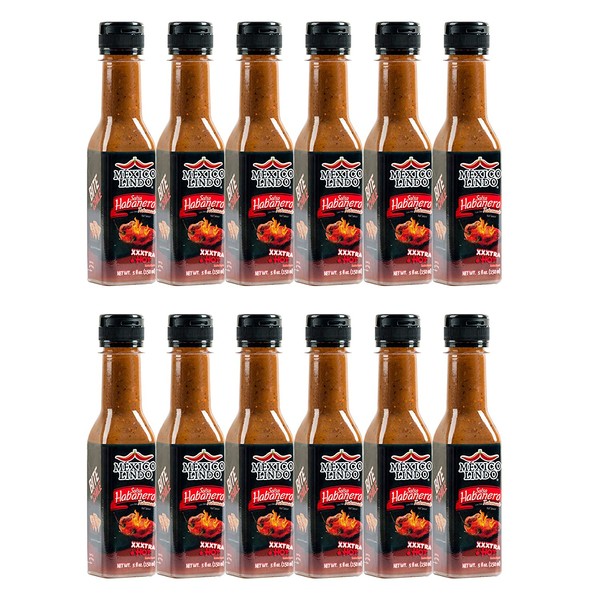 Mexico Lindo Habanero Hot Sauce Xxxtra Hot | 83,200 Scoville Level | Mix of Habanero, Tatemados & Spices | Perfect for Quesadillas, Soups & Nachos | 5 Fl Oz Bottles (Pack of 12)