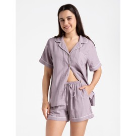 XINJU Womens Pajamas Set 100% Gauze Cotton Linen Like 2 Piece Button Down Short Pjs Sets Soft Comfy Sleepwear Loungewear (Large, Violet)