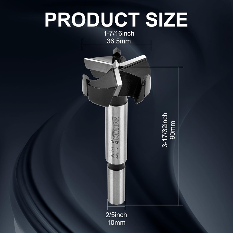 Mollom (36.5mm|1-7/16") Triple Flute Forstner Drill Bit for Woodworking with