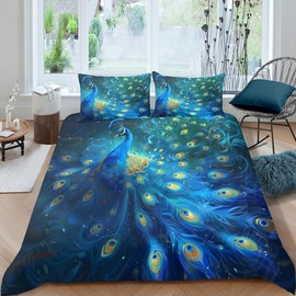 CCoutueChen Peacock Bedding Set Queen Size, Blue Birds Feather Comforter Set for Girls Women,3Pcs Luxurious Quilted Duvet Set for All Season/90 x90