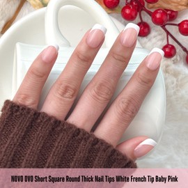 NOVO OVO Short Square Round White French Tip Nail Tips Press on BABY PINK, Extra Thick Full Cover False Fake Nails, Need Builder Gel Top Coat & Glue, for Salon DIY Acrylic Extension x 15 Sizes 240 pcs