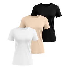 Huukeay 3 Pack Women's Cotton T Shirts Casual Short Sleeve Tunic Tops Crewneck Summer Plain Basic Loose Fit Tee(Black, White, Light Khaki,Medium)