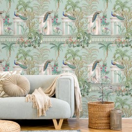 VEELIKE Vintage Chinoiserie Peel and Stick Wallpaper Green Tropical Peacock Wallpaper for Bedroom Bathroom Accent Wall 17.7''x118'' Self Adhesive Contact Paper Removable Bird Floral Wall Covering