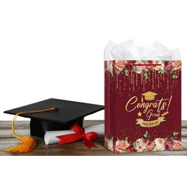 HEYINSHEN Graduation Gift Bag Red Graduation Gift Bag with Tissue Paper 13" Large You Did It Graduation Party Favors Gift Bags for Woman Girls High School College Graduates Graduation Party Bags