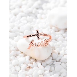 Shusukue Faith Cross Ring 925 Sterling Silver Faith Ring for Women with Engraving Christian Jewelry for Her, Rose Gold, Adjustable 6-8 Size