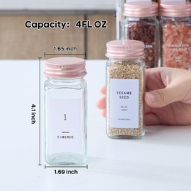 Fiwence 24 Pcs Glass Spice Jars with Labels and Pink Metal Caps, 4oz Empty Spice Containers with Shaker Lids, Funnel, Chalk Pen,Seasoning Storage Bottles for Spice Rack, Cabinet, Drawer