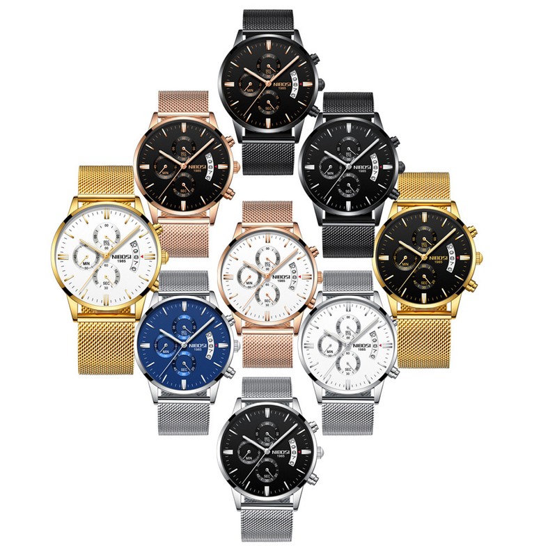 NIBOSI butterfly snap solid steel belt men's watch waterproof coating