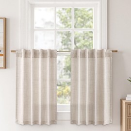 MIULEE Linen Textured Small Kitchen Window Curtains Over Sink, Semi Sheer Farmhouse Cafe Curtain 36 Inch Long Short Back Tab Half Window Curtains for Bathroom Basement 2 Panels Beige
