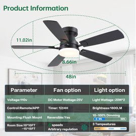iacaf Ceiling Fans with Lights, 48 inch Flush Mount Ceiling Fans with Lights and Remote, Low Profile, Reversible DC Motor, Noiseless, 3CCT, Dimmable LED Ceiling Fan for Bedroom, Living Room, Black
