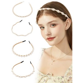 BEAMARKER 4Pcs Pearls Fashion Headbands Women White Artificial Pearl Bridal Hair Hoop Simple Design Sparkly Beaded Hair Accessories for Party Wedding Birthday Prom Holiday Photoshoots