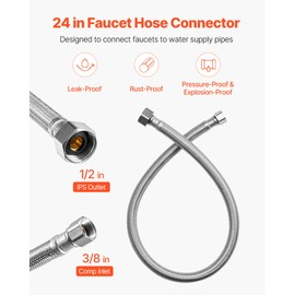VEVOR Faucet Hose Connector, 24-Inch Length, 3/8 Inch Comp x 1/2 Inch FIP 2-Pack Braided Stainless Steel Faucet Supply Line, Faucet Hose Connects Kitchen Bathroom Sink to Water Supply, Certified Safe