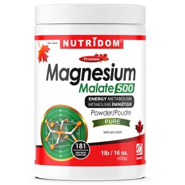 Nutridom Magnesium Malate Powder 500mg, Unflavoured, Pure, Non-GMO, Vegan, Gluten-free, Soy-free, and Dairy-free, Made in Canada, NPN 80133828 (253 gram)