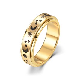 Stainless Steel Anxiety Band Ring 6mm Star Moon Sun Flower Ring Relieving Stress Engagement Cool Jewelry for Women Men Couple (Gold, 7)