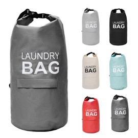 CosyLife Backpack Laundry Bag with Shoulder Straps and Pocket Durable Oxford Clothes Hamper Bag with Buckle Rollable Closure for College, Travel, Laundromat, Apartment (Light grey)