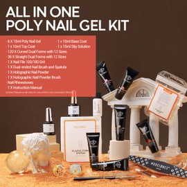 Modelones Poly Nail Gel Kit - Nail Extension Enhancement Builder Kit Nude Pink Gold with Slip Solution Rhinestones All-in-One French Kit for Starter Nail Salon DIY Nail Art Design