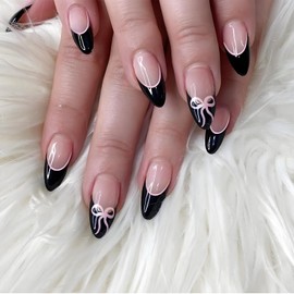 Chic Bowtie Noir French Tip Nails - 24 Sizes for Nice Fit - Premium Material Press on Nails Pink Ribbon Accents Chic Bowtie Noir Elegant Black Edge (Black Glossy)