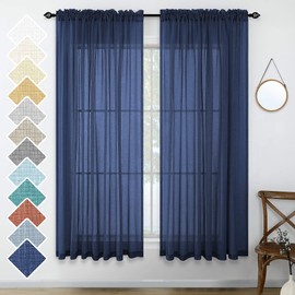 Navy Blue Curtains 63 Inches Long for Kitchen 2 Panels Set Rod Pocket Light Reducing Linen Look Nautical Indigo Blue Sheer Curtains for Bedroom Boys Room Baby Girls Nursery Kids 52x63 Inch Length