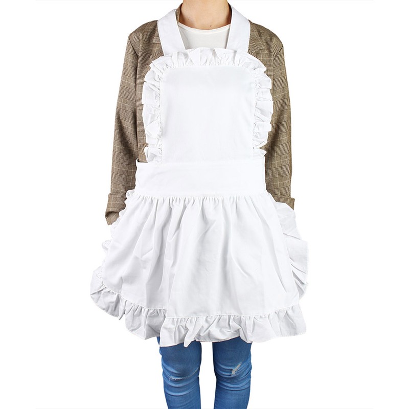 White Cotton Women Maid Apron Ruffle Hem Kitchen Solid Color