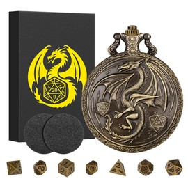 Mini DND Dice Set with Steampunk Winged Flying Dragon Pocket Watch Shell Case, 7pcs Polyhedral Metal Dice Set, DND Starter Set, D&D Gifts with Gift Box, Role Playing Board Game Accessories, Bronze ﻿