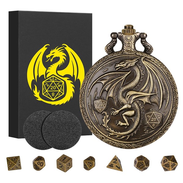 Mini DND Dice Set with Steampunk Winged Flying Dragon Pocket