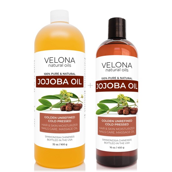 Jojoba Oil by Velona - 48 oz | 100% Pure and Natural Carrier Oil | Golden, Unrefined, Cold Pressed | Moisturizing Face, Hair, Body and Skin Care | Use Today - Enjoy Results
