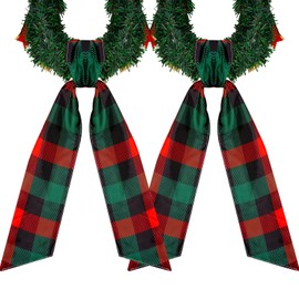 2 Pcs Christmas Plaid Wreath Sash for Front Door - Red & Green Buffalo Plaid Wreath Accessories for Xmas Party Yard & Indoor/Outdoor Wall