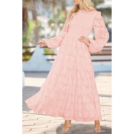 MITILLY Women's Elegant Floral Long Sleeve Round Neck Smocked A-Line Flowy Tiered Maxi Dress with Pockets Large Pink