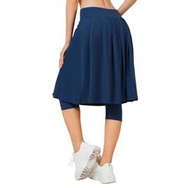 ANIVIVO 24" Long Knee Length Skirted Leggings for Women,Modest Athletic Skirt with Leggings Pleated Workout Skirt Zipper Pockets(Navyblue,L)