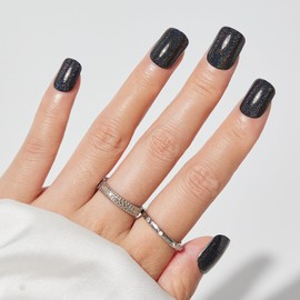 NGOZI eziezi No Glue Mani Press On Nails, Ready to Wear Manicure, Self Stick Nails, Stick on False Nails Square, Short Press On Nails, 12 Sizes - 24 Pcs, Glittery Black