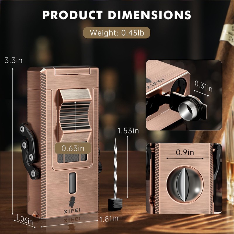 XIFEI 5-in-1 Cigar Lighter with Triple Jet Flame, Refillable Butane